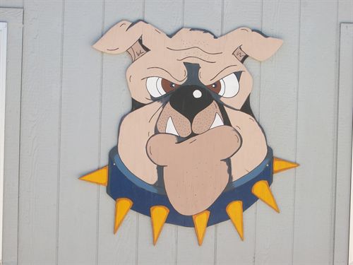 School Bulldog wood sign on building